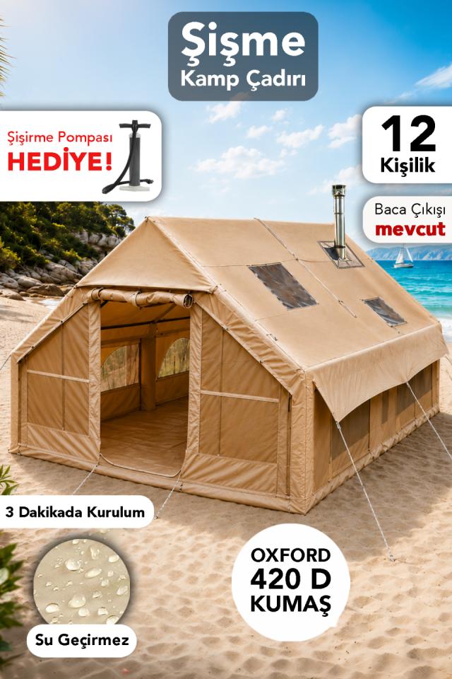 12 Kişilik Şişme Çadır - Su Geçirmez Kolay Kurulum Kamp Plaj Outdoor Çadır Şişirme Pompası Hediye