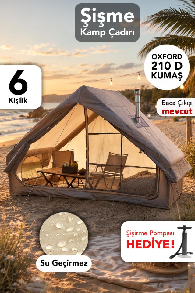 6 Kişilik Şişme Kamp Çadırı - Kolay Kurulum Su Geçirmez Plaj Outdoor Çadır Şişirme Pompası Hediye