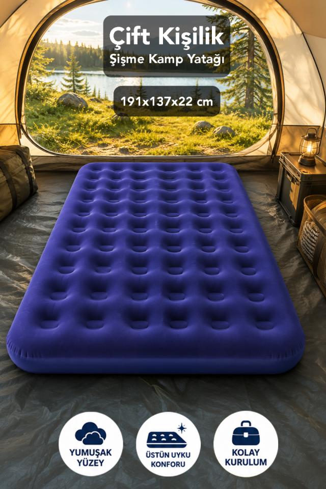 Çift Kişilik Bahçe Kamp Şişme Yatak 191x137x22 Lacivert