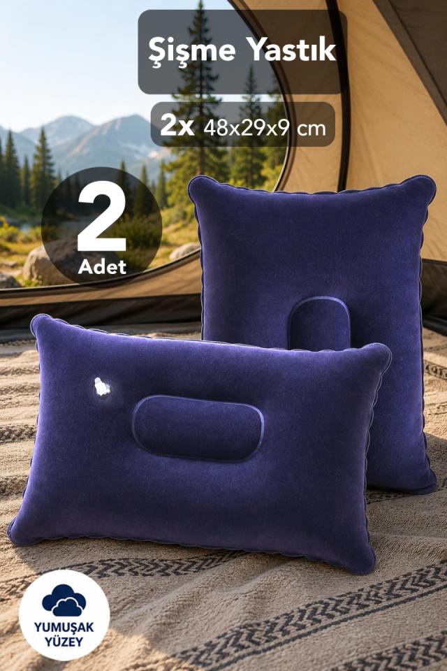 2 Adet Şişme Çadır Kamp Yastığı - Seyahat Araç İçi Baş Boyun Destekli Yastık 43x28x9cm