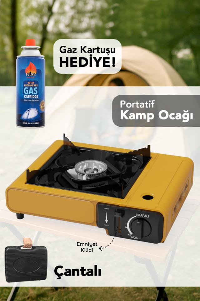 Taşıma Çantalı Kamp Ocağı - Emniyet Kilitli Gazlı Portatif Sarı Ocak 1 Adet Gaz Kartuşu Hediye