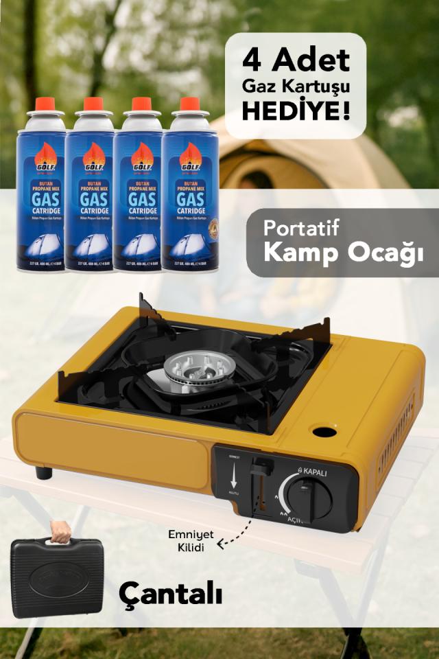 Taşıma Çantalı Kamp Ocağı - Emniyet Kilitli Gazlı Portatif Sarı Ocak 4 Adet Gaz Kartuşu Hediye