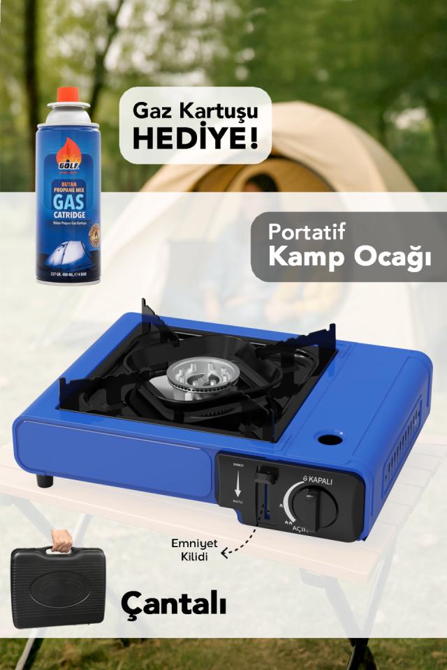 Taşıma Çantalı Kamp Ocağı - Emniyet Kilitli Gazlı Portatif Mavi Ocak 1 Adet Gaz Kartuşu Hediye