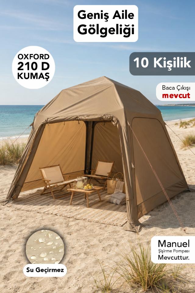 10 Kişilik Kamp Çadırı - Şişirme Aparatlı Oxford 210D Su Geçirmez Kumaş Sahil Kamp Çadırı 290x290x245