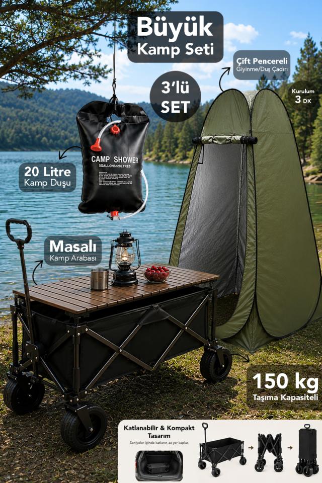 Büyük Kamp Seti - 150kg Taşıma Kapasiteli Kamp Arabası Giyinme Duş Kabini ve 20Lt Kamp Duşu Yeşil