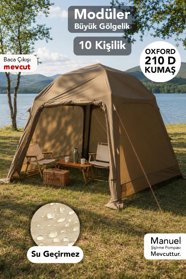 10 Kişilik Şişme Çadır - Oxford 210D Su Geçirmez Kumaş Şişirme Aparatlı Sahil Kamp Çadırı 290x290x245