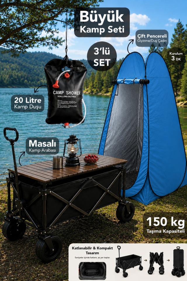Büyük Kamp Seti - 150kg Taşıma Kapasiteli Kamp Arabası Giyinme Duş Kabini ve 20Lt Kamp Duşu Mavi