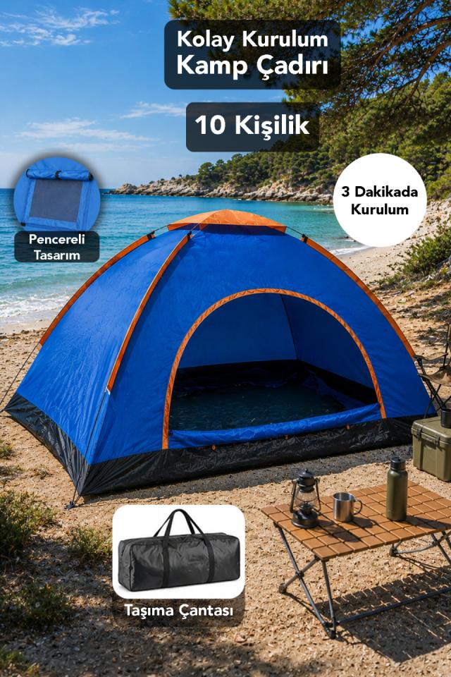 10 Kişilik Hızlı Kurulum Çadır - Pencere Tasarım Pratik Taşıma Çantalı Plaj Kamp Çadırı 300x300x170