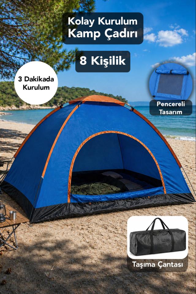 8 Kişilik Kamp Çadırı - Asorti Pencereli Tasarım Taşıma Çantalı Kamp Çadırı 200x300x170