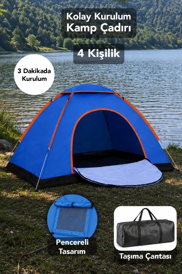 4 Kişilik Kolay Kurulum Çadır - Pencere Tasarım Taşıma Çantalı Asorti Bahçe Kamp Çadırı 200x200x135
