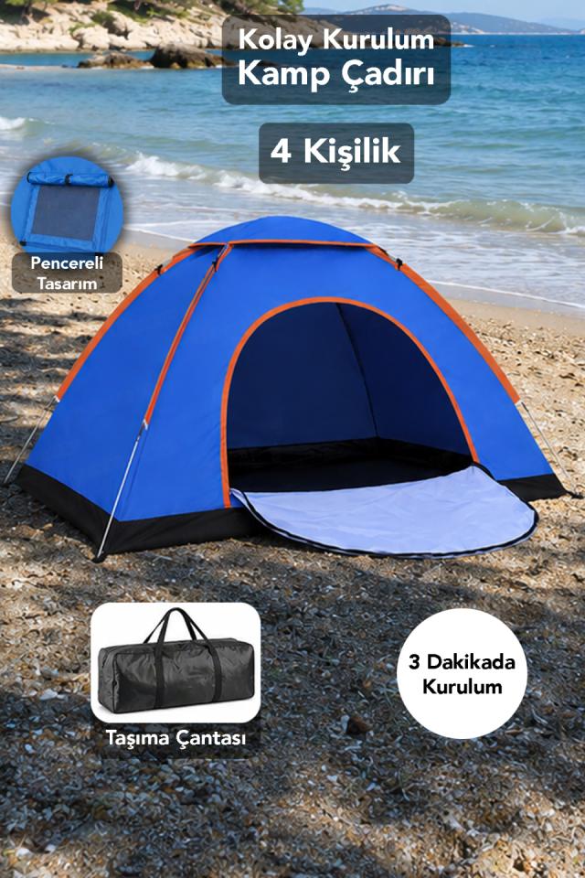 4 Kişilik Hızlı Kurulum Çadır - Taşıma Çantalı Asorti Pencere Tasarım Bahçe Kamp Çadırı 200x200x135