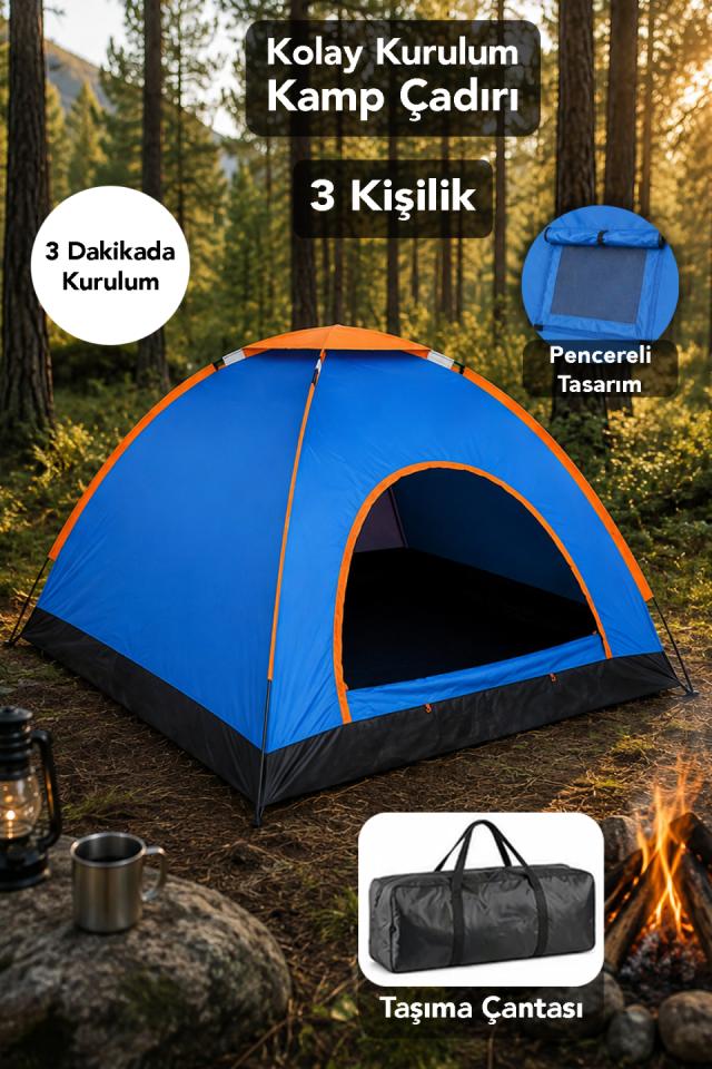 3 Kişilik Asorti Çadır - Kolay Kurulum Pencere Tasarım Taşıma Çantalı Bahçe Kamp Çadırı 150x200x110