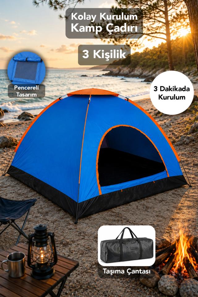 3 Kişilik Asorti Çadır - Hızlı Kurulum Taşıma Çantası ve Pencere Tasarımlı Kamp Çadırı 150x200x110