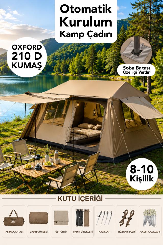 Otomatik Kurulum Kamp Çadırı - 10 Kişilik Soba Baca Özellikli Oxford 210 D Kumaş Bahçe Outdoor Çadır