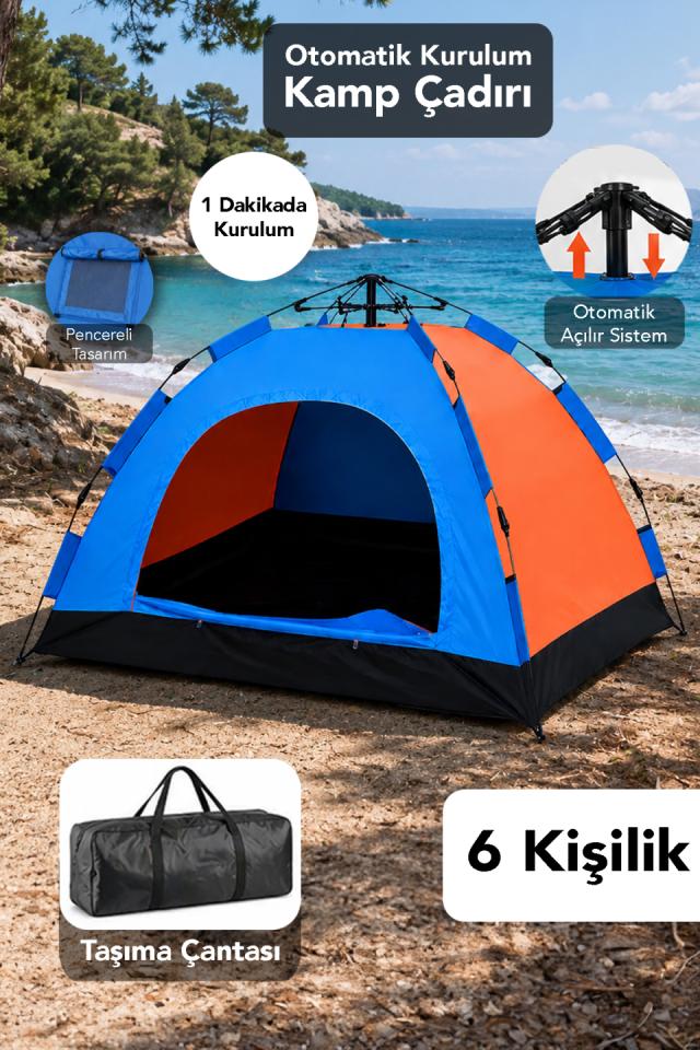 6 Kişilik Outdoor Çadır - Otomatik Kurulum Pencereli Su Geçirmez Kamp Bahçe Çadırı 220x250x165cm