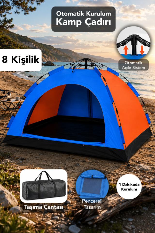 8 Kişilik Pratik Çadır - Otomatik Hızlı Kurulum Su Geçirmez Bahçe Kamp Çadırı 250x250x165