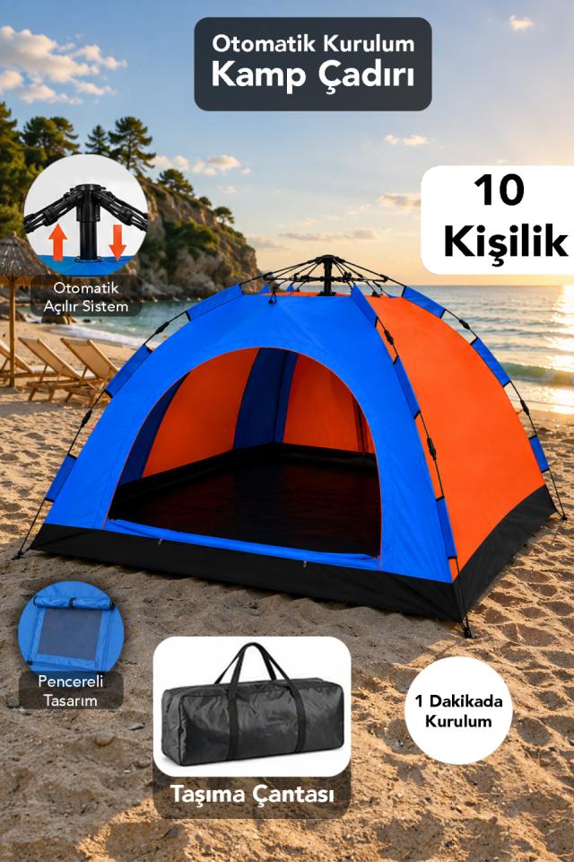 10 Kişilik Pratik Çadır - Su Geçirmez Otomatik Hızlı Kurulum Bahçe Kamp Çadırı