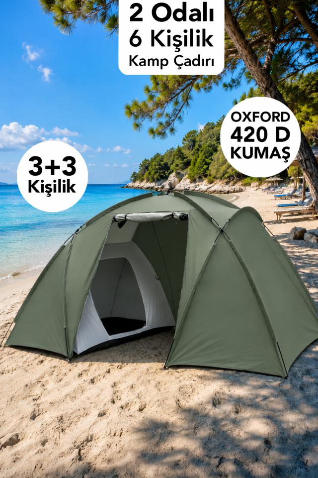 6 Kişilik Kamp Çadırı - 2 Odalı Bahçe Sahil Su Geçirmez Oxford 420 D Kumaş Çadırı