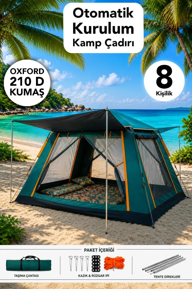 8 Kişilik Kamp Çadırı - Otomatik Kurulum Oxford 210 D Kumaş Bahçe Kamp Çadırı 270x270x170