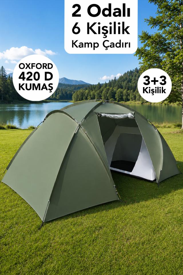 2 Odalı Kamp Çadırı - 6 Kişilik Su Geçirmez Oxford 420 D Kumaş Sahil Bahçe Kamp Çadırı