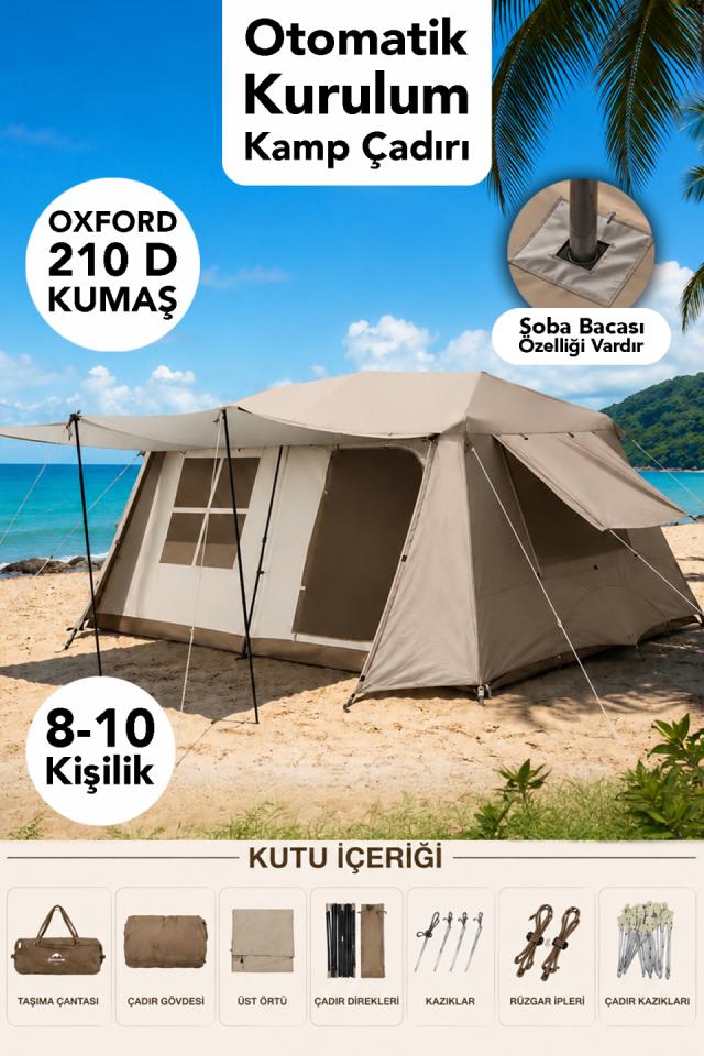 10 Kişilik Otomatik Kurulum Çadır - Oxford 210 D Kumaş Soba Baca Özellikli Kamp Outdoor Çadır