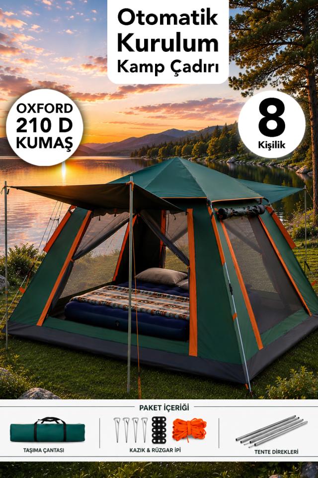 8 Kişilik Otomatik Kurulum Çadır - Oxford 210 D Kumaş Kamp Bahçe Çadırı 270x270x170