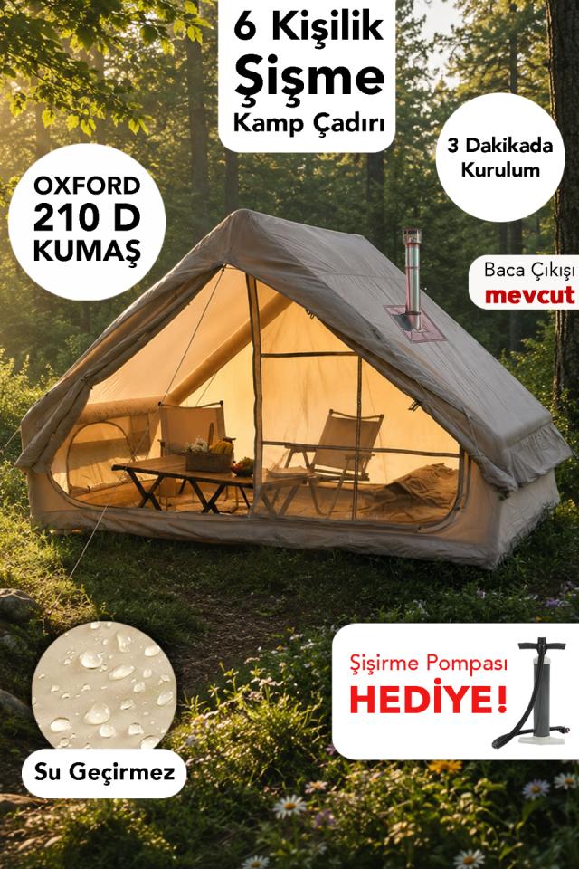 6 Kişilik Kamp Çadırı - Baca Çıkışlı Su Geçirmez Oxford 210 D Kumaş Çadır Şişirme Pompası Hediyeli