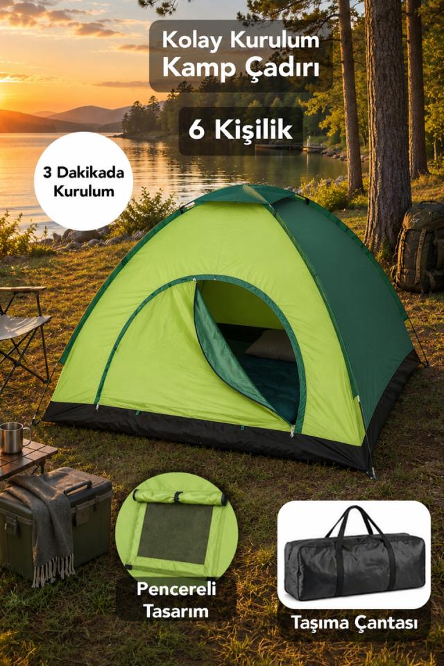 Kolay Kurulum Kamp Çadırı - 6 Kişilik Manuel 4 Mevsim Kullanım Bahçe Çadır Yeşil 220x250x150