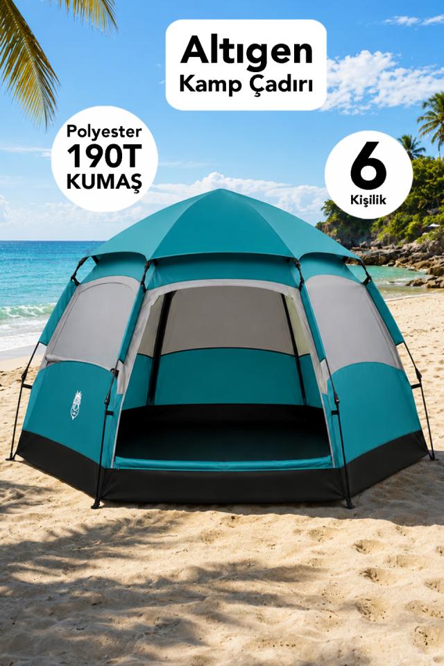 Altıgen Kamp Çadırı - 6 Kişilik Polyester 190 T Su Geçirmez Kumaş Outdoor Kamp Çadırı