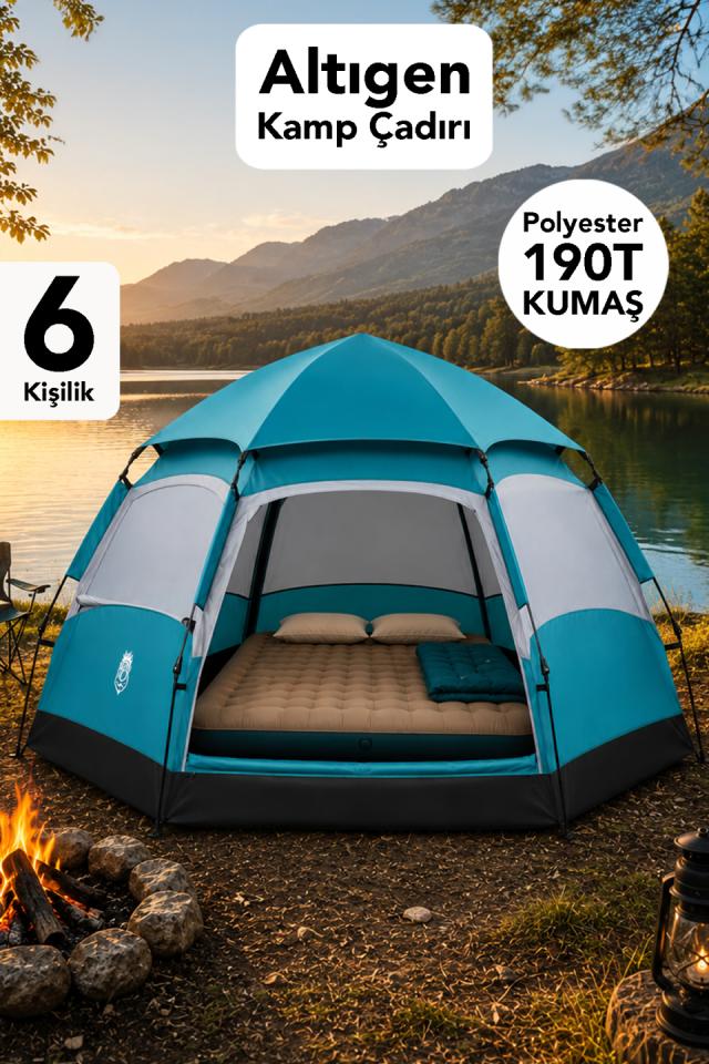 6 Kişilik Outdoor Kamp Çadırı - Altıgen Model Polyester 190 T Su Geçirmez Kumaş Bahçe Kamp Çadırı