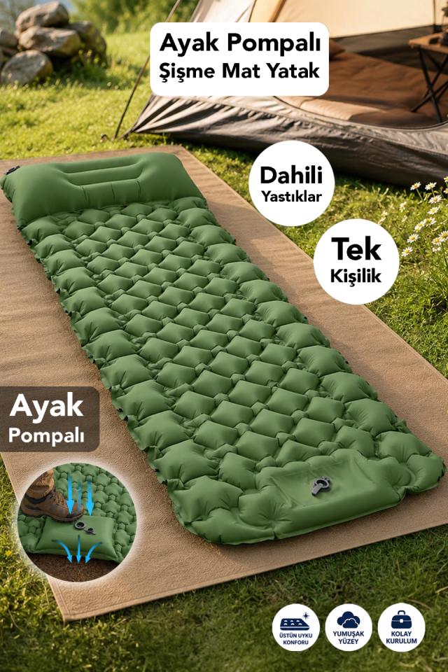Tek Kişilik Mat - Su Geçirmez Ultra Hafif Ayak Pompalı Kamp Uyku Yatağı Yeşil