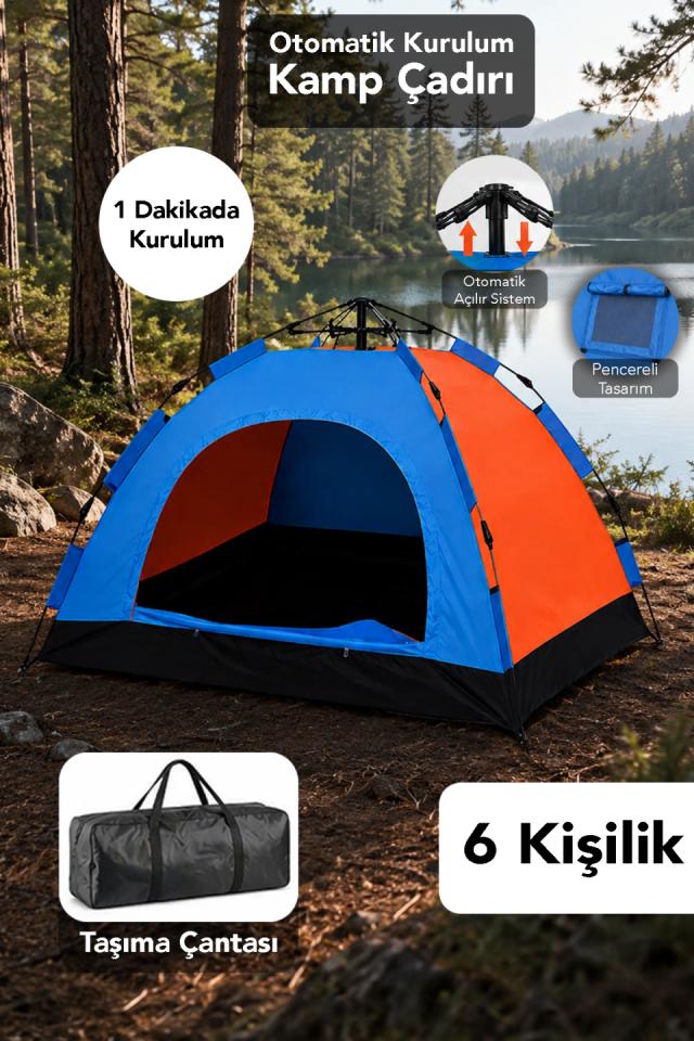 6 Kişilik Otomatik Çadır - Pratik ve Hızlı Kurulum Su Geçirmez Bahçe Kamp Çadırı 220x250x165