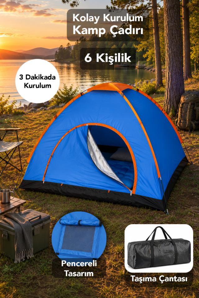 6 Kişilik Manuel Çadır - Kolay Kurulum 4 Mevsim Kullanım Kamp Bahçe Çadır Mavi 220x250x150
