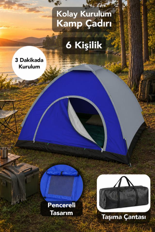 6 Kişilik Manuel Çadır - Kolay Kurulum 4 Mevsim Kullanım Kamp Bahçe Çadır Lacivert 220x250x150
