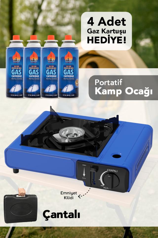 Taşıma Çantalı Kamp Ocağı - Emniyet Kilitli Gazlı Portatif Mavi Ocak 4 Adet Gaz Kartuşu Hediye