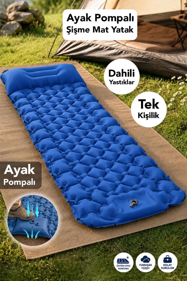 Kendinden Pompalı Mat - Tek Kişilik Su Geçirmez Kamp Uyku Yatağı Mavi