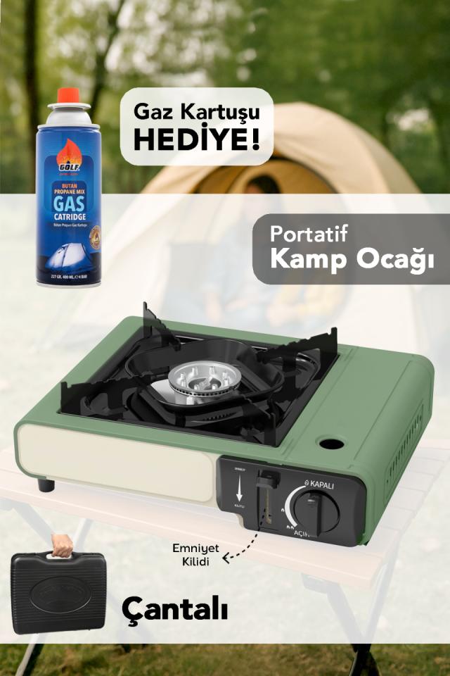 Taşıma Çantalı Kamp Ocağı - Emniyet Kilitli Gazlı Portatif Yeşil Ocak 1 Adet Gaz Kartuşu Hediye