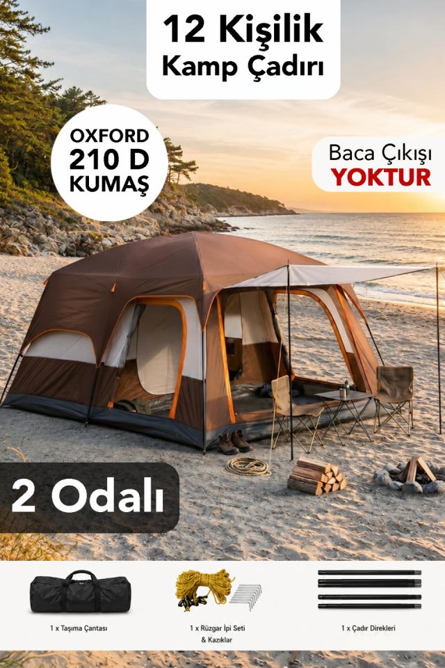 2 Odalı Kamp Çadırı - 12 Kişilik 4 Mevsim Oxford Kumaş Outdoor Çadır