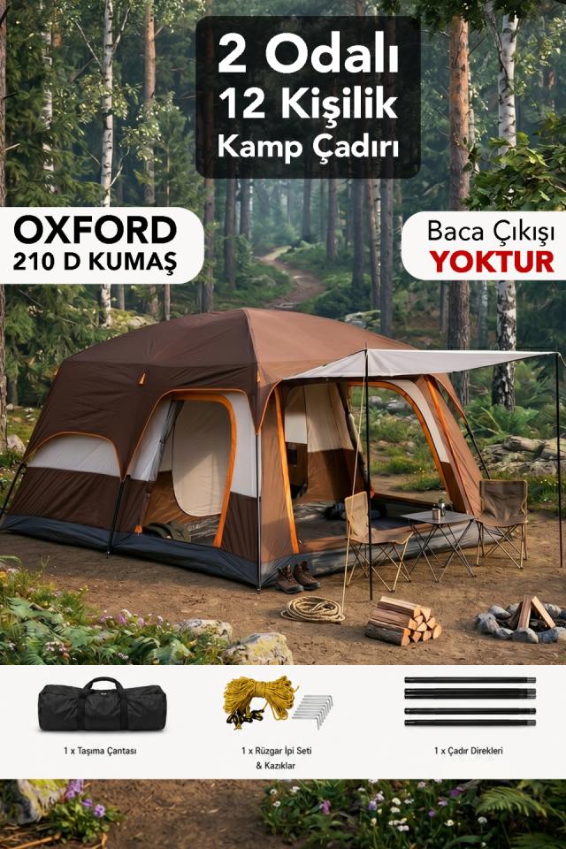 12 Kişilik Kamp Çadırı - 2 Odalı Su Geçirmez 4 Mevsim Outdoor Çadır