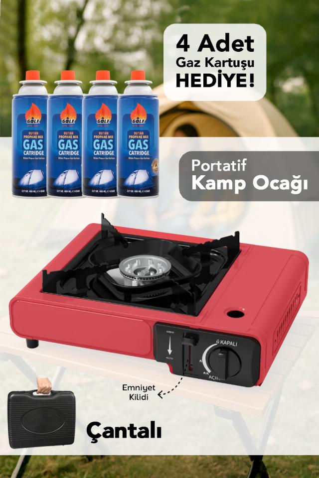 Taşıma Çantalı Kamp Ocağı - Emniyet Kilitli Gazlı Portatif Kırmızı Ocak 4 Adet Gaz Kartuşu Hediye