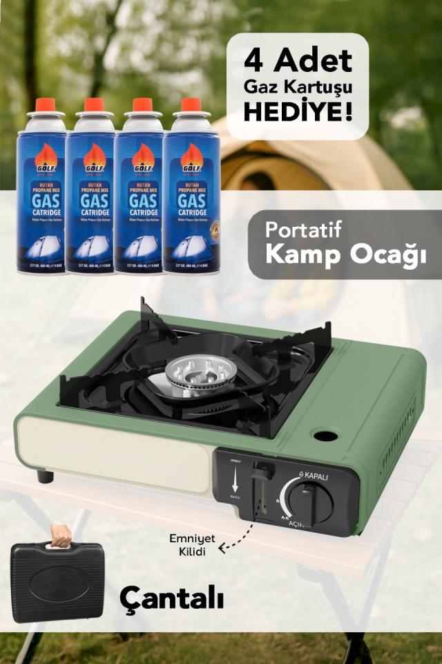 Taşıma Çantalı Kamp Ocağı - Emniyet Kilitli Gazlı Portatif Yeşil Ocak 4 Adet Gaz Kartuşu Hediye