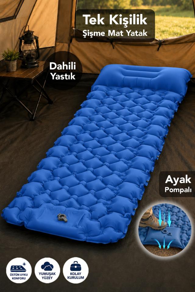 Tek Kişilik Mat - Su Geçirmez Ultra Hafif Ayak Pompalı Kamp Uyku Yatağı Mavi