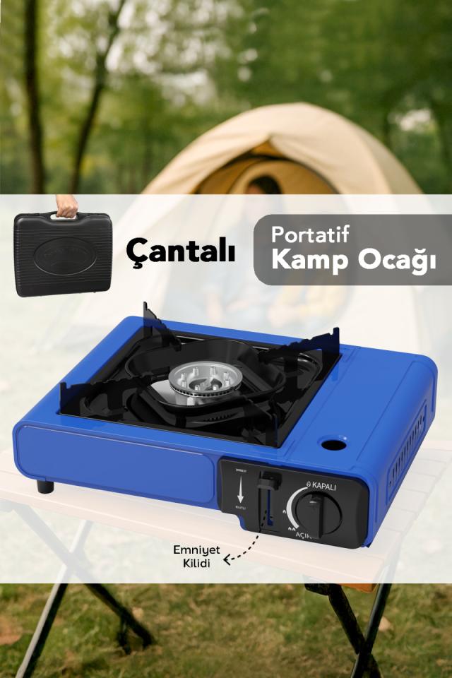 Taşıma Çantalı Kamp Ocağı - Emniyet Kilitli Portatif Gazlı Ocak Mavi 34x28x11,5cm