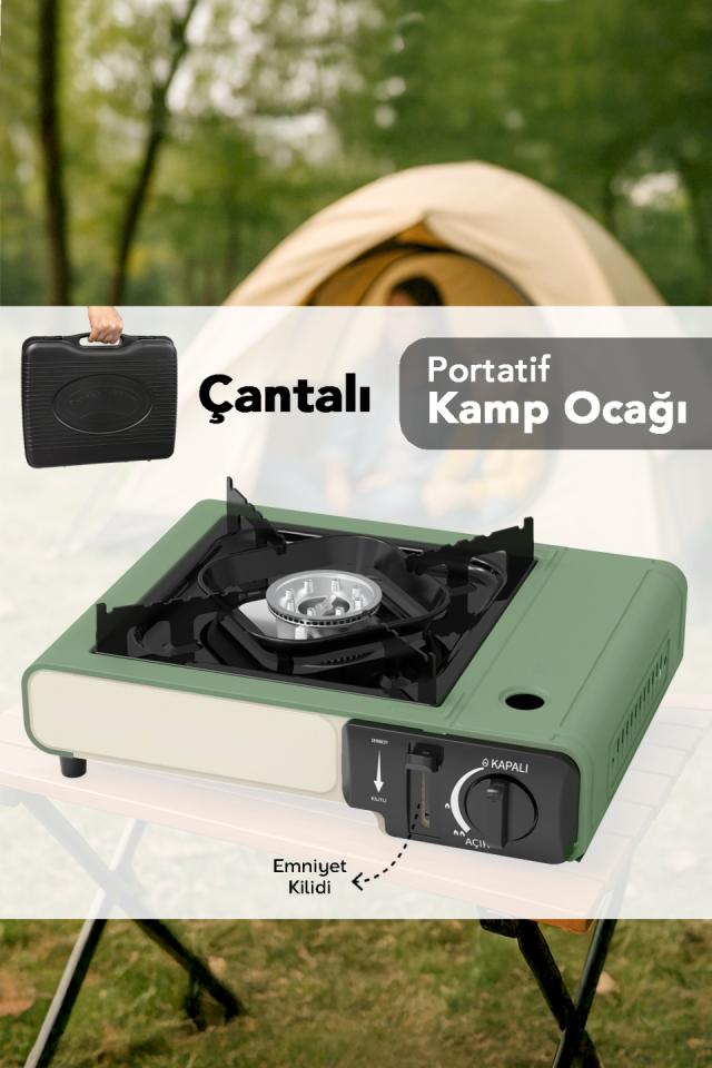Taşıma Çantalı Kamp Ocağı - Emniyet Kilitli Portatif Gazlı Ocak Yeşil 34x28x11,5cm