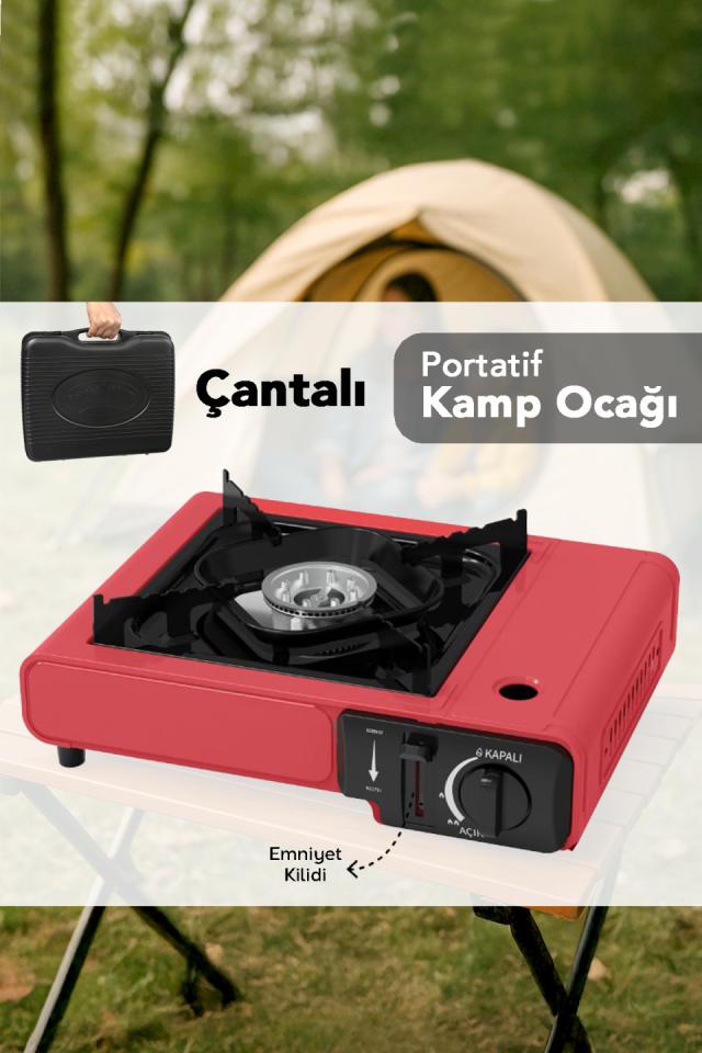 Taşıma Çantalı Kamp Ocağı - Emniyet Kilitli Portatif Gazlı Ocak Kırmızı 34x28x11,5cm