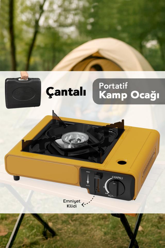 Taşıma Çantalı Kamp Ocağı - Emniyet Kilitli Portatif Gazlı Ocak Sarı 34x28x11,5cm