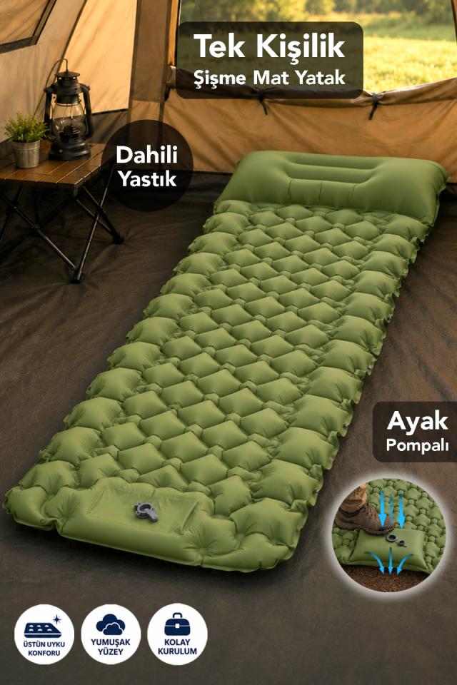 Kendinden Pompalı Mat - Tek Kişilik Su Geçirmez Kamp Uyku Yatağı Yeşil