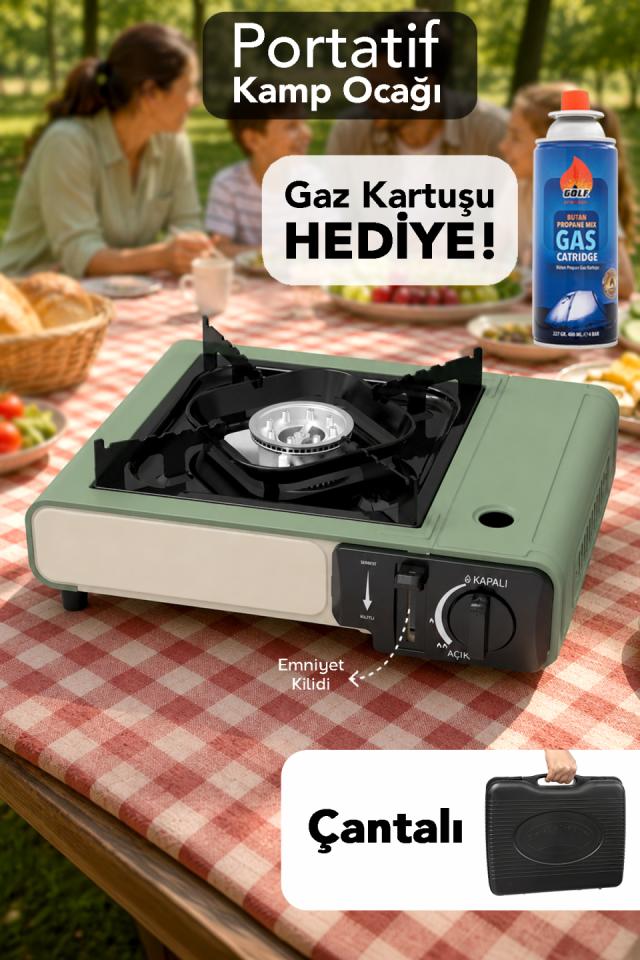 Portatif Kamp Ocağı - Taşıma Çantalı Emniyet Kilitli Gazlı Yeşil Ocak 1 Adet Gaz Kartuşu Hediye