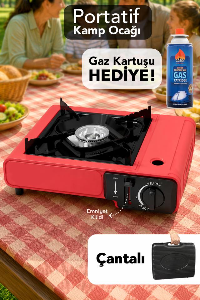 Portatif Kamp Ocağı - Taşıma Çantalı Emniyet Kilitli Gazlı Kırmızı Ocak 1 Adet Gaz Kartuşu Hediye