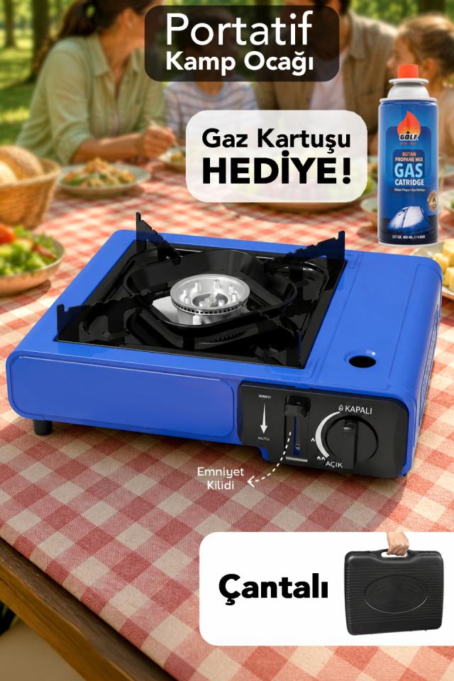 Portatif Kamp Ocağı - Taşıma Çantalı Emniyet Kilitli Gazlı Mavi Ocak 1 Adet Gaz Kartuşu Hediye